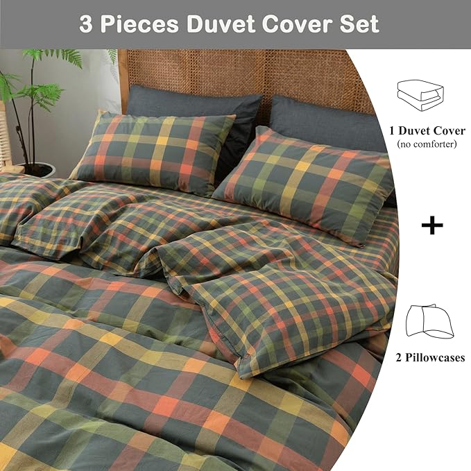 VM VOUGEMARKET Multicolor Plaid Duvet Cover Set Full Soft Washed Cotton Reversible Bedding Modern Cozy Grid Duvet Cover with 2 Pillowcases for Men Women-Orange/Grey/Green,80x90Inch