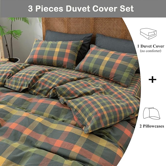 VM VOUGEMARKET Plaid Duvet Cover Set Queen Washed Cotton Reversible Bedding Multicolor Buffalo Grid Duvet Cover with 2 Pillowcases for Men Women(Orange/Grey/Green,Queen)