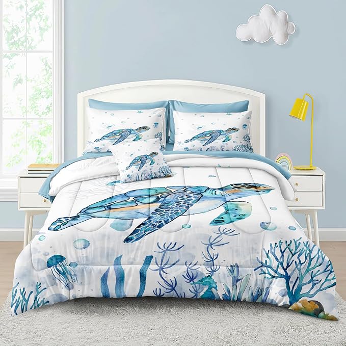 Ocean Themed Bedding Sets 6 Pieces Twin Bed in A Bag Teal Blue Turtle Sea Horse Animal Cartoon Pattern Beach Coastal Bedding Comforter