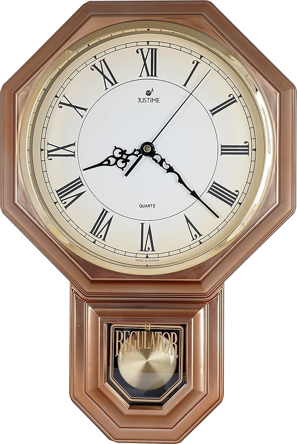 JUSTIME Traditional Schoolhouse Gradient Roman Regulator Wall Clock, Chiming Wall Clocks with Pendulum & Westminster Chime Hourly, Schoolhouse Wall Decor Battery Operated (Vintage Copper)