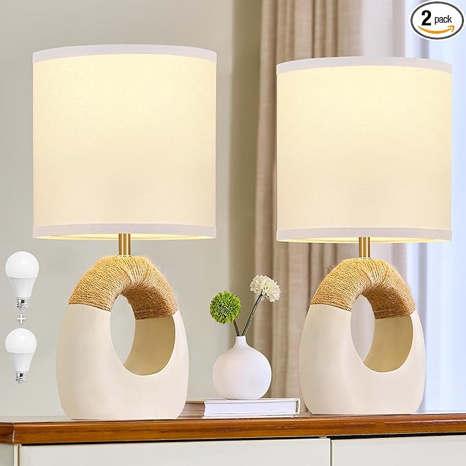 Table Lamp for Bedroom Set of 2 - Bedside Table Lamps with 3 Color Temperatures - Boho Rattan Lamps for NightStands Small White Farmhouse Living Room Lamps for Reading Sleeping Bulbs Included