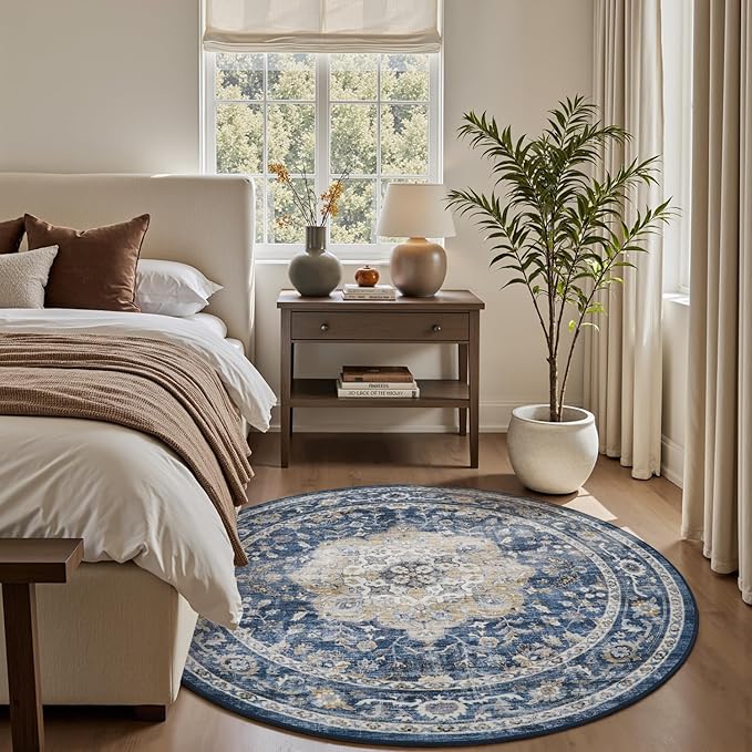 PADOOR-Vintage 6FT Round Rug-Rugs for Living Room-Soft Blue Circle Rug-Machine Washable Rugs for Bedroom-Non Slip Carpet-Rug for Dining Room Living Room Bedside Office
