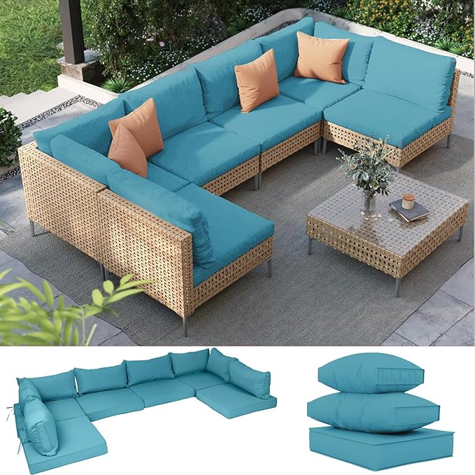 Outdoor Furniture Replacement Cushions, 14 Pcs Water-Resistant Replacement Sofa Cushion for Patio Garden Porch (Liner&Cover,Only Cushions No Sofa) (Lake Blue)
