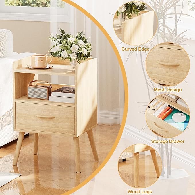 NightStand with Open Shelf,Night Stand with Drawer Storage Side Tables End Table,Bedside Table with Solid Wood Feet,Mid Century Night Stands for Bedroom Sofa Couch Small Spaces (Natural)