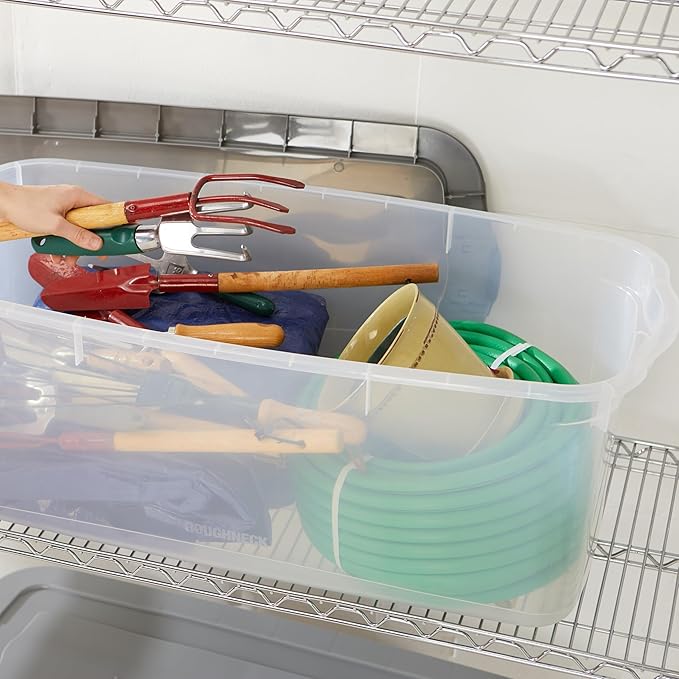 Rubbermaid Roughneck Clear 95 Qt/23.75 Gal Storage Containers, Pack of 4 with Latching Grey Lids, Visible Base, Sturdy and Stackable, Great for Storage and Organization