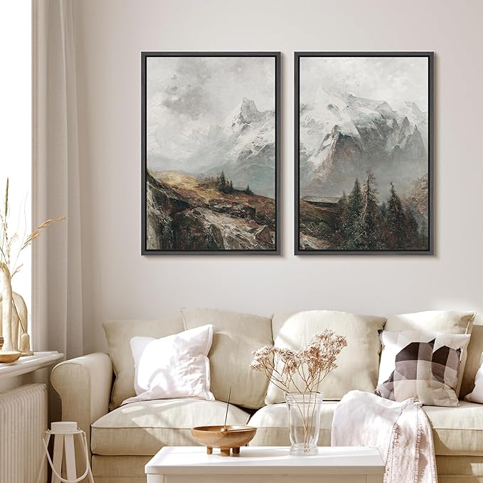 MUDECOR Framed Canvas Print Wall Art Majestic Snow-Capped Mountains Alpine Wilderness Nature Wilderness Illustrations Realism Decorative Scenic for Living Room, Bedroom, Office - 24"x36"x2 Black