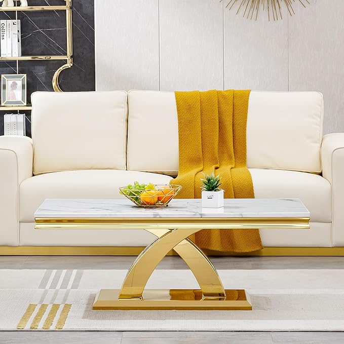 Modern Marble Coffee Table, 47" White and Gold Rectangle Coffee Table with Faux Marble Top & Golden Geometric Stainless Steel Base, Rectangle Living Room Tea Table Center Table for Home Office