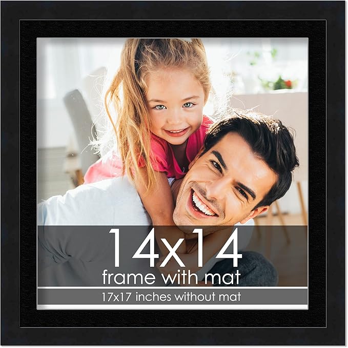 14x14 Frame with Mat - Black 17x17 Frame Wood Made to Display Print or Poster Measuring 14 x 14 Inches with Black Photo Mat