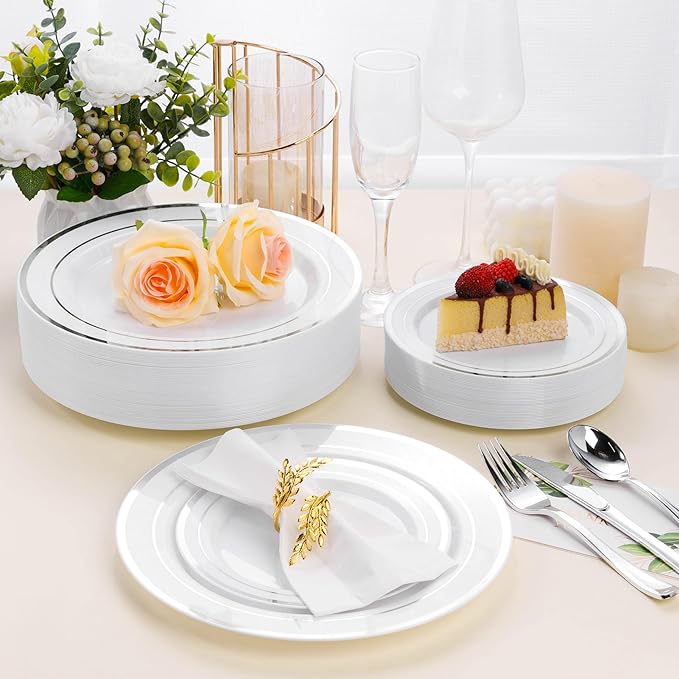 100PCS White Plastic Plates for Party, 10.25 Inch Heavy Duty Dinner Plates with Silver Rim, Disposable Plates for Wedding and Birthday