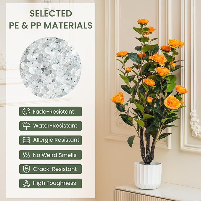 3.2FT Artificial Camellia Tree, Orange Silk Flowers, Indoor Faux Plants with Realistic Trunk in White Cement Pot for Home House Living Room Bedroom Office Decor, 1pc