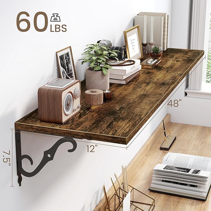 Fun Memories Large Floating Shelves for Wall 48 Inches Long, 12 Inch Deep Shelves with Metal Bracket, 48 Inch Floating Shelves Wall-Mounted, Wide Display & Storage Bookshelves, Rustic Brown, Set of 2