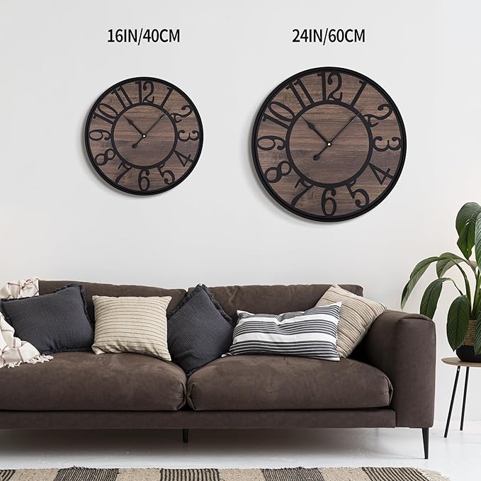 LEIKE Large Wall Clock,Silent,Non Ticking,Battery Operated Round Modern Big Wood Wall Clocks for Living Room, Bedroom,Kitchen,Farmhouse,Office,Rustic Home Decor-16 Inch/40CM-Black-Arabic Number