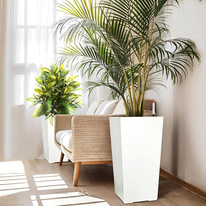 GAOMON 23" Tall Planters Set of 2, Planters for Outdoor＆Indoor Plants, Modern Plant Pots with Drainage Holes＆Water Level Monitor＆Inner Bucket, Automatic Watering, Convenience Instill, White