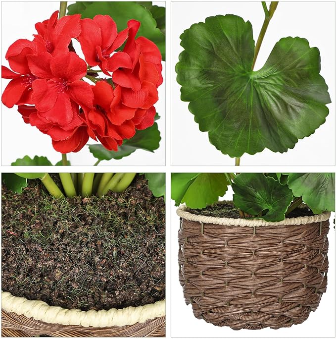 Briful Artificial Geranium Hanging Plant in Vintage Woven Basket, 29.9 Inch Trailing Faux Plant with Red Silk Flowers and Green Plastic Leaves, Realistic Indoor Outdoor Garden Shelf Decor
