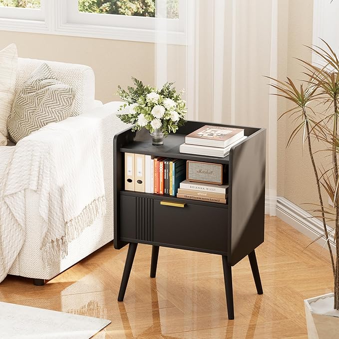 Night Stand Modern End Table with Storage Drawer and Open Shelf, Small Bedside Stand, Wooden Sofa Side Table for Bedroom,Study Room and Small Spaces (Black)