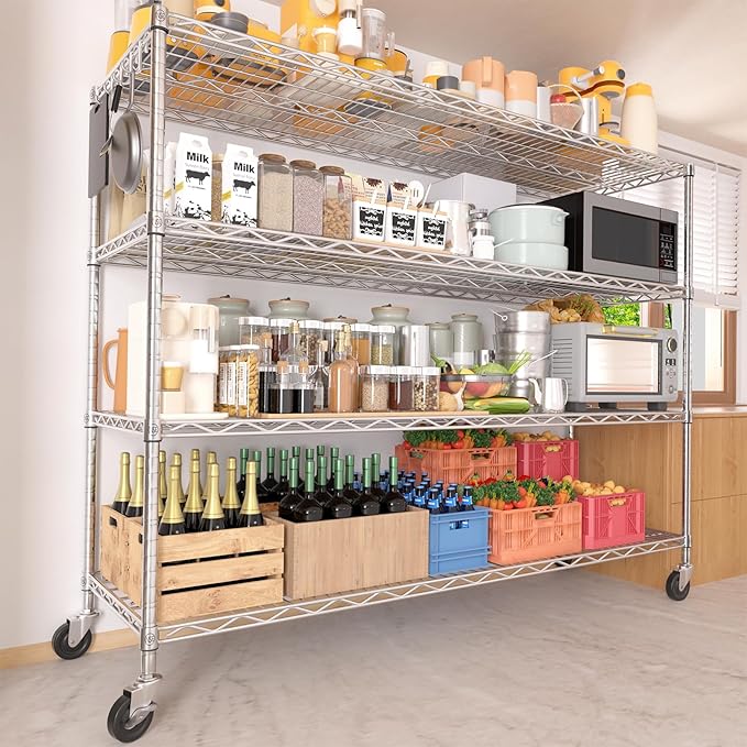 PrimeZone Storage Shelves 55.5"W x 24"D x 76"H 4 Tier with Wheels, Adjustable Wire Shelving Garage Heavy Duty Shelves Unit, Rolling Metal Organizer Shelf Utility Rack Warehouse,Pantry, Chrome 2 Pack