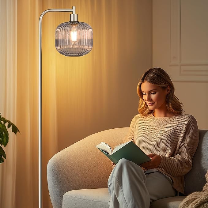 QiMH Glass Floor Lamp for Living Room, 67” Modern Standing Lamp with Blue Ribbed Glass Lampshade Pedal Switch Tall Lamp for Bedroom, Brushed Silver(2700K LED Bulb Included)