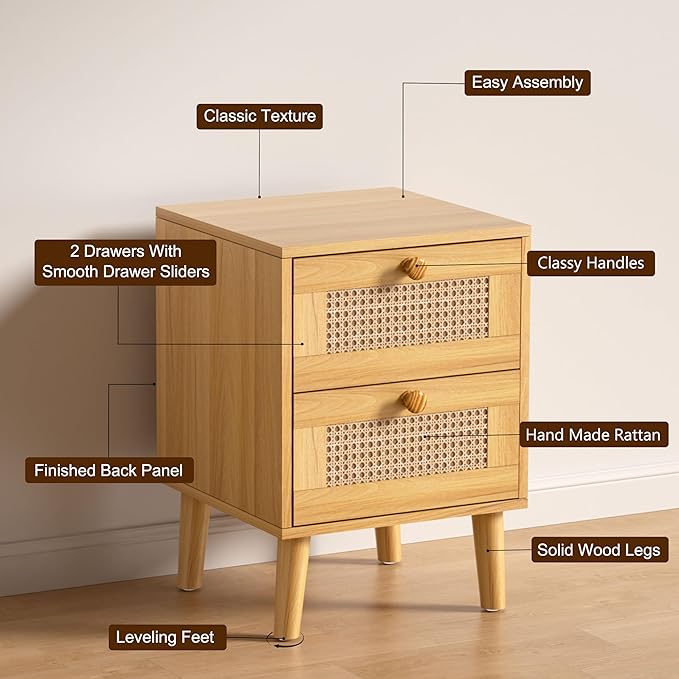 Rattan Nightstand,Boho and Wood Night Stand with Drawers,Bedside Rattan Table and Small nightstand,Natural Wood Nightstand for Bedroom,Oak (Oak)
