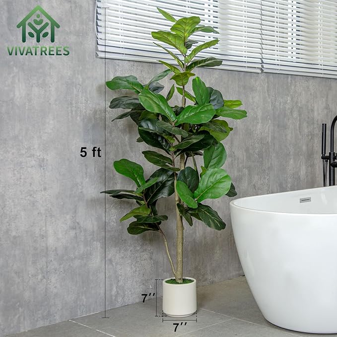 5FT Faux Fiddle Leaf Fig Tree with 7 inch White Planter Pot, Artificial Floor Plant, Indoor and Outdoor Fake Plants for Home Office Decor