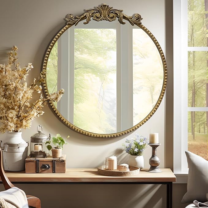 Round Mirror, 28''Baroque Style Circle Mirror Vintage Gold Metal Frame Wall Mirrors for Vanity, Bathroom or Bedroom