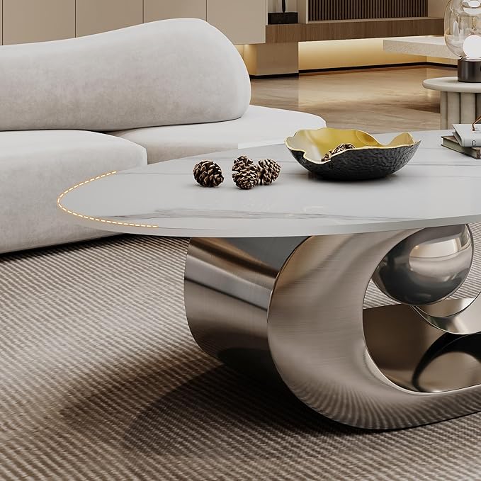 Modern Oval Sintered Stone Coffee Table, 49.2" White and Silver Rectangle Coffee Table with Faux Marble Top & Golden Geometric Stainless Steel Base, Rectangle Tea Center Table for Living Room