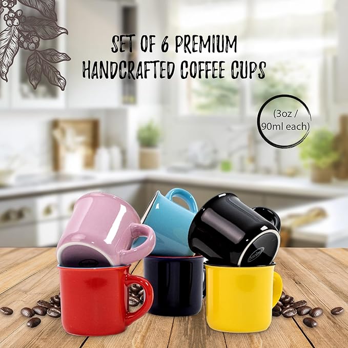 Bacimi® Mini Ceramic Espresso Mugs (Set of 6 / 3oz / 90ML) - Small Drinking Cups with Handle - Dishwasher & Microwave Safe - Modern Mugs for Coffee, Tea, Cocoa, Milk & Latte