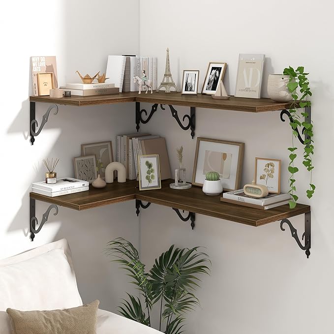 Floating Shelves for Wall, 24"W x 8"D Wall Shelves, 12 Inch Deep Floating Shelf with Bracket, 24 Inch Floating Shelves for Living Room and Bathroom, Display & Storage Shelves, Walnut, Set of 2