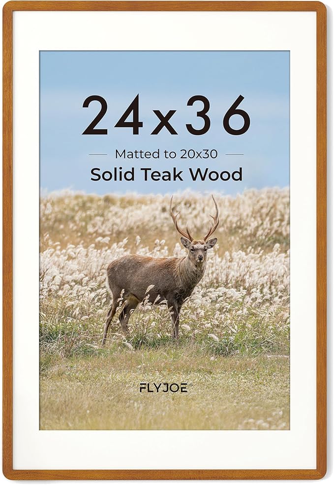 24x36 Poster Frame - Solid Teak Wood 24 x 36 Picture Frame, 24''x36'' Frame With Mat For 20x30, Tempered Glass and Hanging Hardware Included, 36 By 24 Photo Frame Wood, Natural Teak