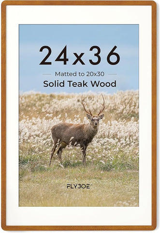 24x36 Poster Frame - Solid Teak Wood 24 x 36 Picture Frame, 24''x36'' Frame With Mat For 20x30, Tempered Glass and Hanging Hardware Included, 36 By 24 Photo Frame Wood, Natural Teak
