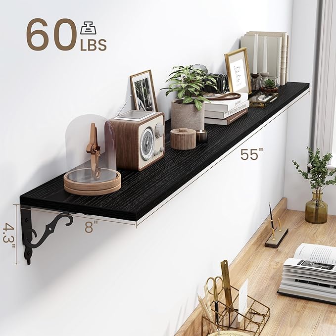 Fun Memories 55 Inch Floating Shelves, Long Floating Shelves Wall-Mounted, 8 Inch Deep Bookshelf with Bracket, 55" W x 8" D Shelves for Wall Display & Storage, Black, Set of 2