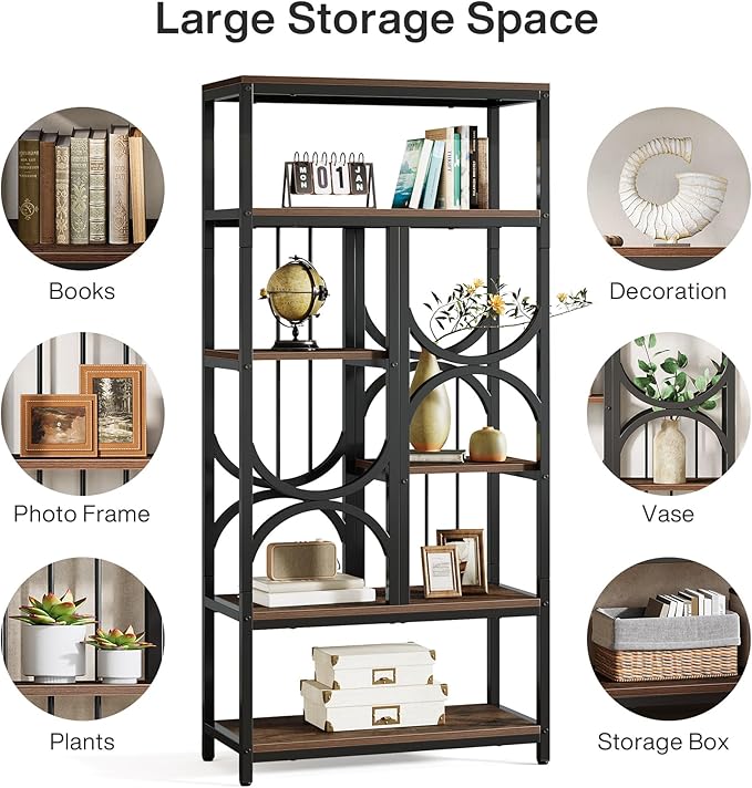 Tribesigns Bookshelf, 5-Tier Industrial Etagere Bookcase, 70.86-Inch Tall Bookshelves with 6 Open Storage Shelf, Display Shelf Storage Organizer for Living Room Home Office, Rustic Brown