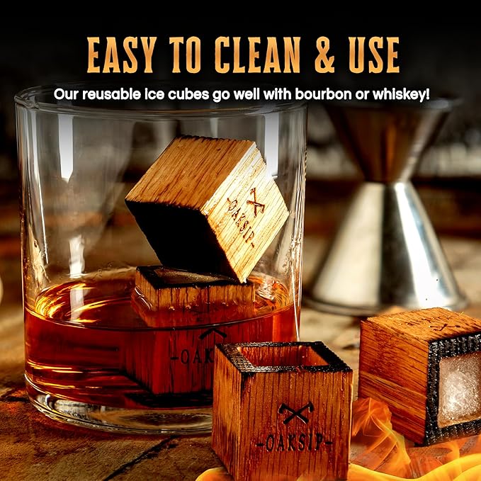 Wooden Bourbon and Whiskey Stones Set | Bourbon Gifts for Men, Real Oak & Charred Like A Whiskey Barrel | Great Whisky Gifts for Husband Dad or Brother for Men Who Have Everything