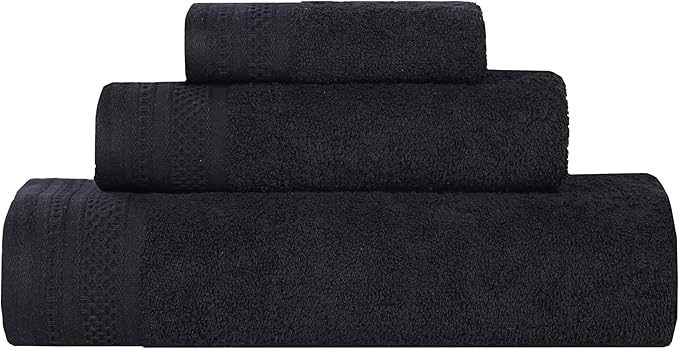 Superior Honeycomb Cotton Medium Weight Towels, for Guest Bath, Master Bathroom, Shower, Quick Dry, Adults, Home Essentials, Textured Waffle Border, Assorted Towel Set, 3 Piece Towel Set, Black