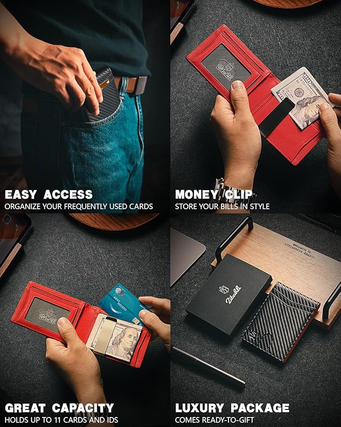 Zitahli Slim Wallet for Men Gifts 12 Card Slots ID Window With Money Clip Minimalist RFID Front Pocket Bifold Leather Small Thin Gift Box Dad Birthday Christmas Regalos Hombres