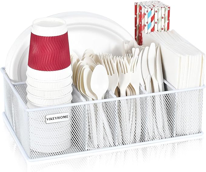 Paper Plate Organizer, Metal Silverware Caddy with 6 Compartments for Knives, Spoons, Cups, Forks, Napkins, Utensil Holder for Party, Camping, Picnic, White