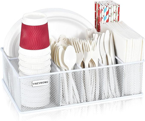 Paper Plate Organizer, Metal Silverware Caddy with 6 Compartments for Knives, Spoons, Cups, Forks, Napkins, Utensil Holder for Party, Camping, Picnic, White