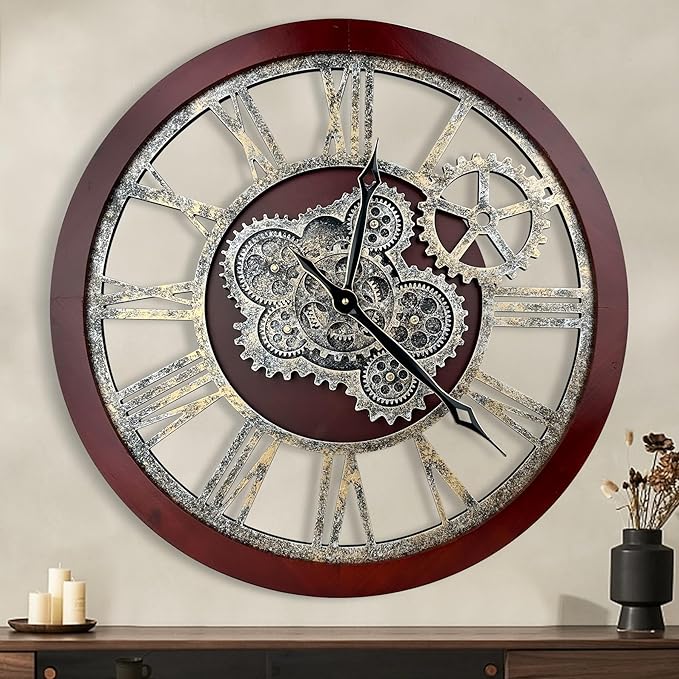 HOIBAI 18 Inch Big Moving Gears Farmhouse Vintage Rustic Roman Oversized Wall Clock for Home Bedroom Kitchen Decor