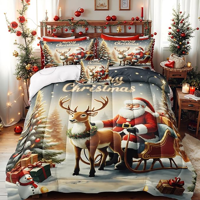 Bedorm Merry Christmas Comforter Set Queen Santa Claus Bedding White Snowflake Cute Deer Snowman Pattern Happy Holiday Christmas Tree Gift Quilt Comforter