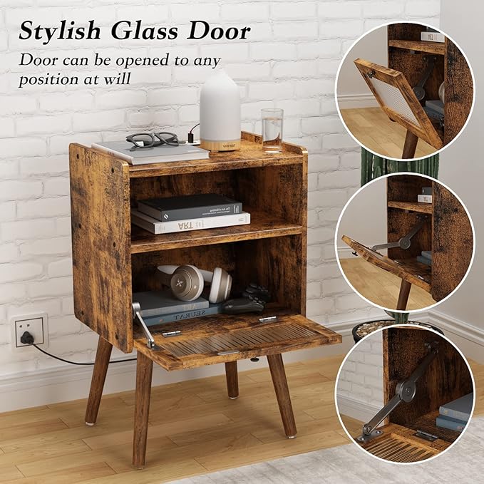 Mid Century Modern Nightstand with Charging Station, Bedside Tables with Glass Door, End Table Side Table with 2 Tiers Storage Space, for Bedroom, Living Room, Brown