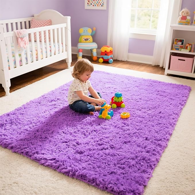 Purple Area Rugs for Girls Bedroom Living Room, 8x10 Fluffy Fuzzy Shaggy Carpet for Kids Playroom Nursery, Thick Soft Plush Mat for Kids Baby Boys Teen Dorm Home Decor Aesthetic