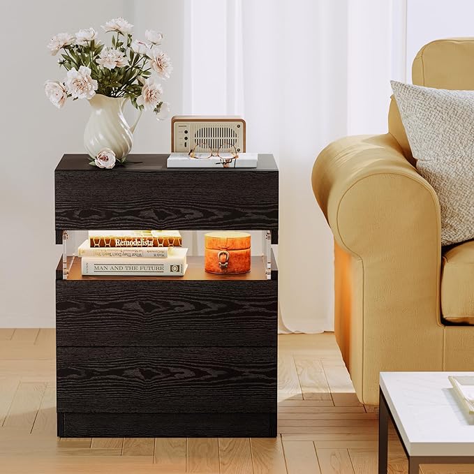 IRONCK Night Stand, LED Nightstand with 3 Drawers, Modern Bedside Table with Storage, End Table for Bedroom, Black