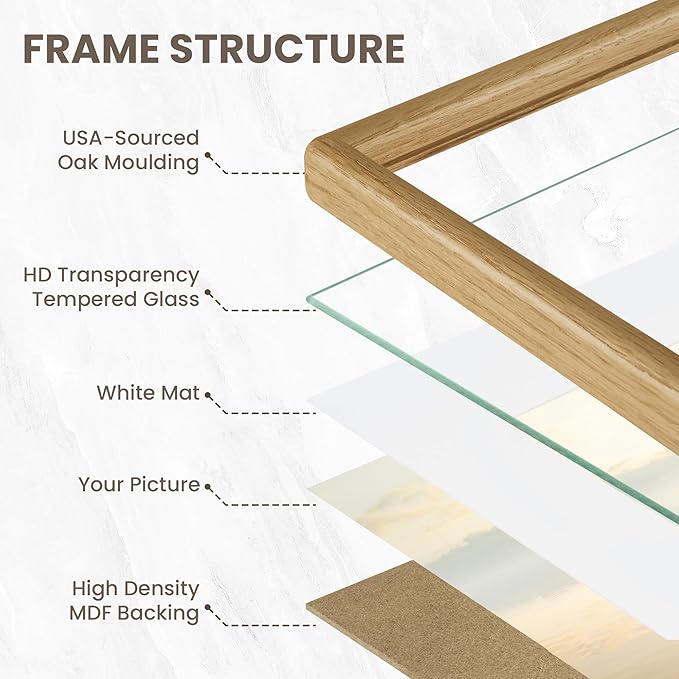 11x14 Picture Frame - Solid Oak Wood Picture Frames with HD Tempered Glass, Handcrafted Rounded Corner 11 x 14 Wooden Frame Matted to 8x10 Photos, Horizontal or Vertical Wall Display, 1 Pack