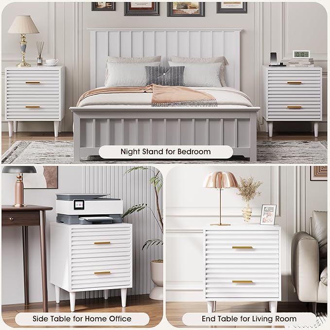 Alohappy Nightstands Set of 2, Mid Century Modern Night Stands, Fluted Bedside Tables for Bedroom, End Tables with Storage Drawers, Vintage Bed Side Table Wood Accent Table for Living Room, White 2pc
