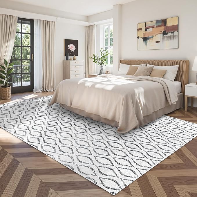 WITSHOCK 10x12 Area Rugs for Bedroom: Washable Non-Slip Soft Geometric Boho Low Pile Large Thin Indoor Rug for Living Room Dining Room, Carpet for Nursery Playroom Decor, Kid & Pet Friendly, Grey