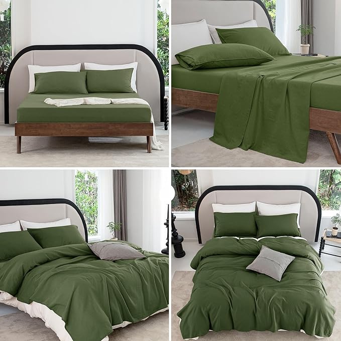 Talasily Linen Sheets-Queen Size Sheets Set,Blend from Linen Cotton Bedsheets,All Seasons Soft Breathable 4 Piece Set-Mossy Green