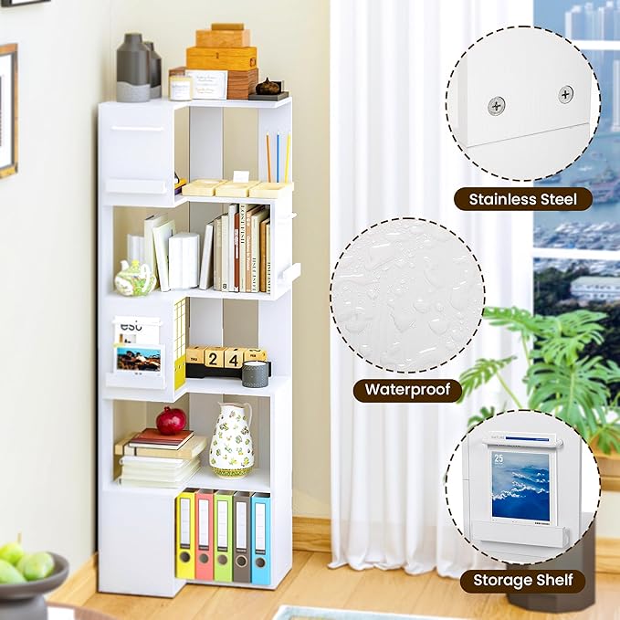 PPAMAPIC 5 Tier Corner Bookshelf, 63" Tall L Shaped Bookcase, Corner Cabinet, Wood Grain Shelf Display Rack for Kitchen, Bedroom, Living Room (White)