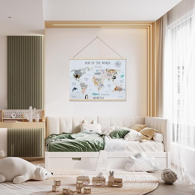 32 x 24 Inch Embroidered World Map Poster for Kids with Wood Hanger – Neutral Wall Décor for Boys and Girls Nursery, Bedroom and Playroom