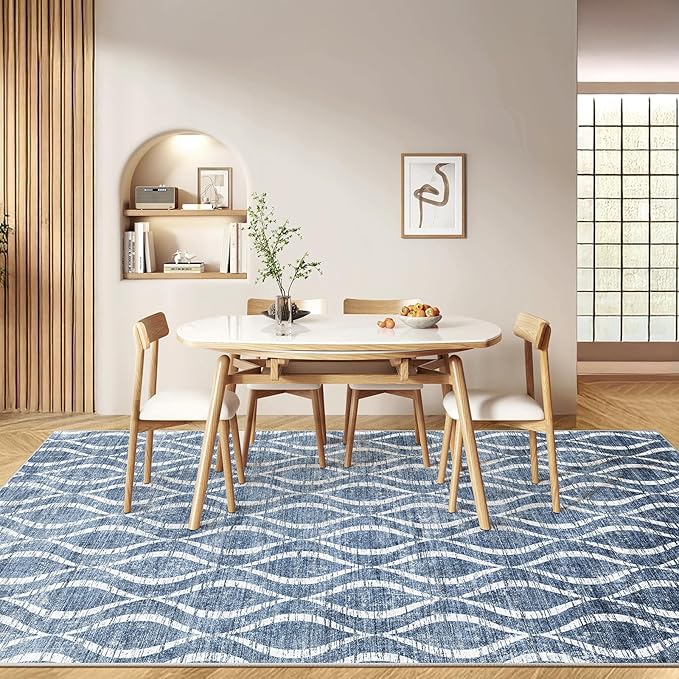 WITSHOCK 9x12 Area Rugs: Washable Non-Slip Soft Geometric Boho Print Pattern Large Thin Indoor Rug for Living Room Bedroom Dining Room, Carpet for Nursery Playroom Decor, Kid & Pet Friendly, Blue