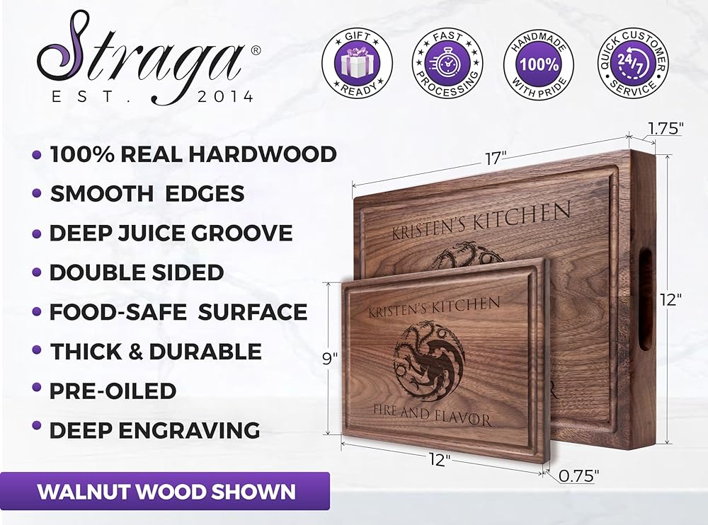 Straga Personalized Dragon Cutting Board - House Targaryen Gift - USA Made Handcrafted Wood Charcuterie-Housewarming, Anniversary, Birthday, Christmas Gift Idea 055