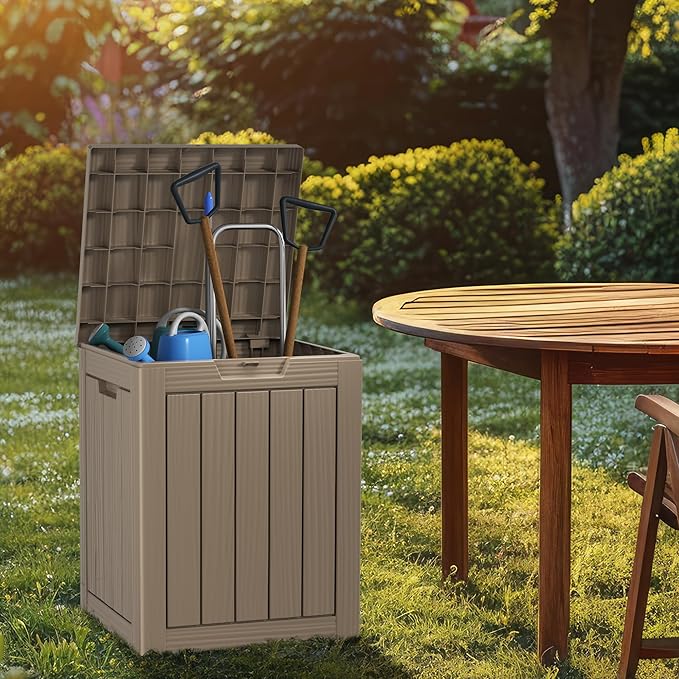 ROJIK Outdoor Storage Housing Deck Box - Waterproof Patio Furniture, Garden Tools, Cushions, Pool Accessories Storage Bench with Lockable Lid and Side Handles (Grey, 28 Gal)